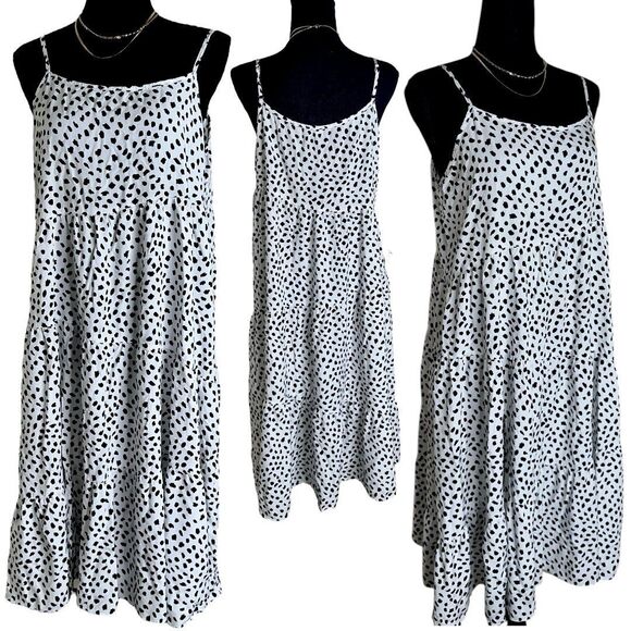 Chic summer spring black & white spotted polka dot midi maxi dress size large - Picture 1 of 9